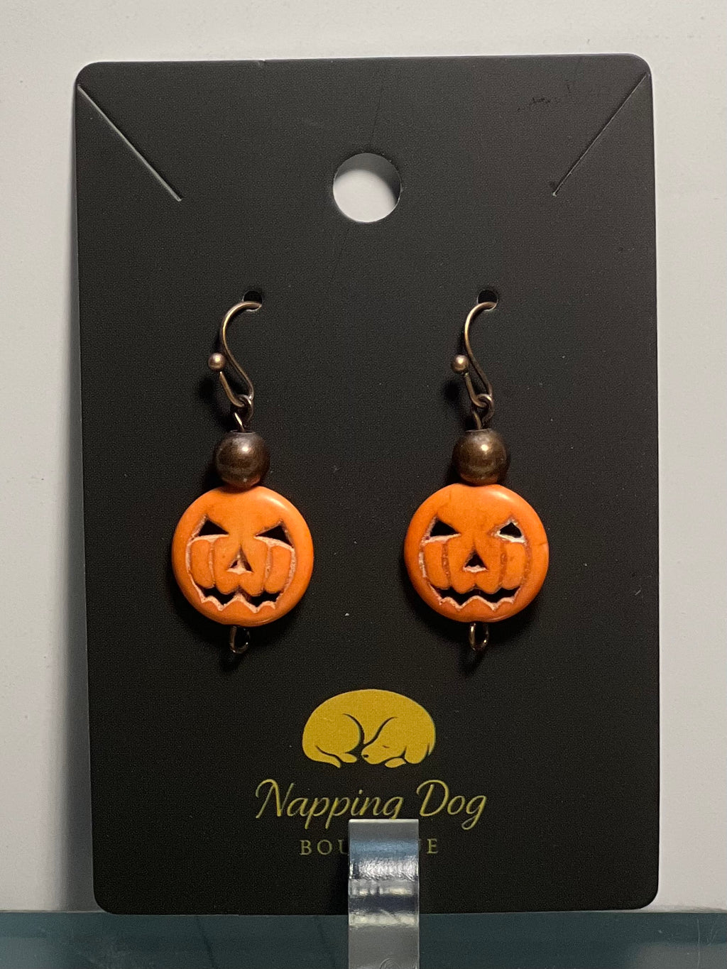Ceramic Jack-O’-Lantern Dangle Earrings – Antique Bronze-Tone Halloween Earrings