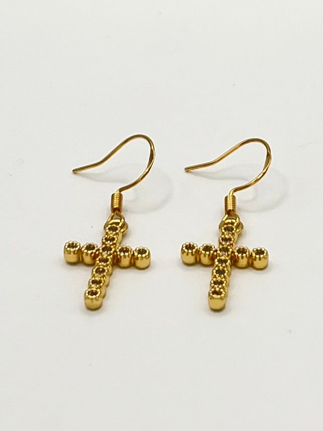 Gold Tone and Rhinestone Cross Drop Earrings