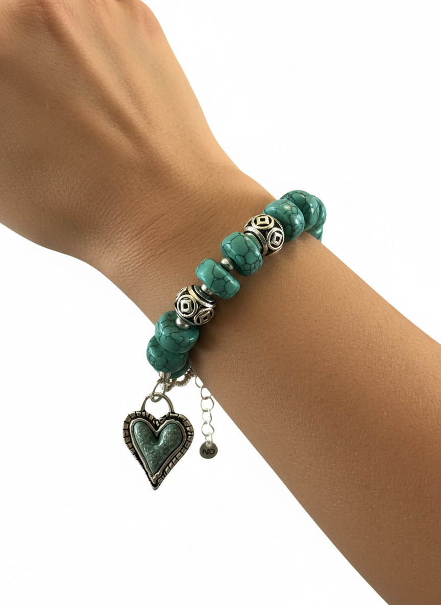 Turquoise Heart Charm Bracelet with Sterling Silver Accent Beads