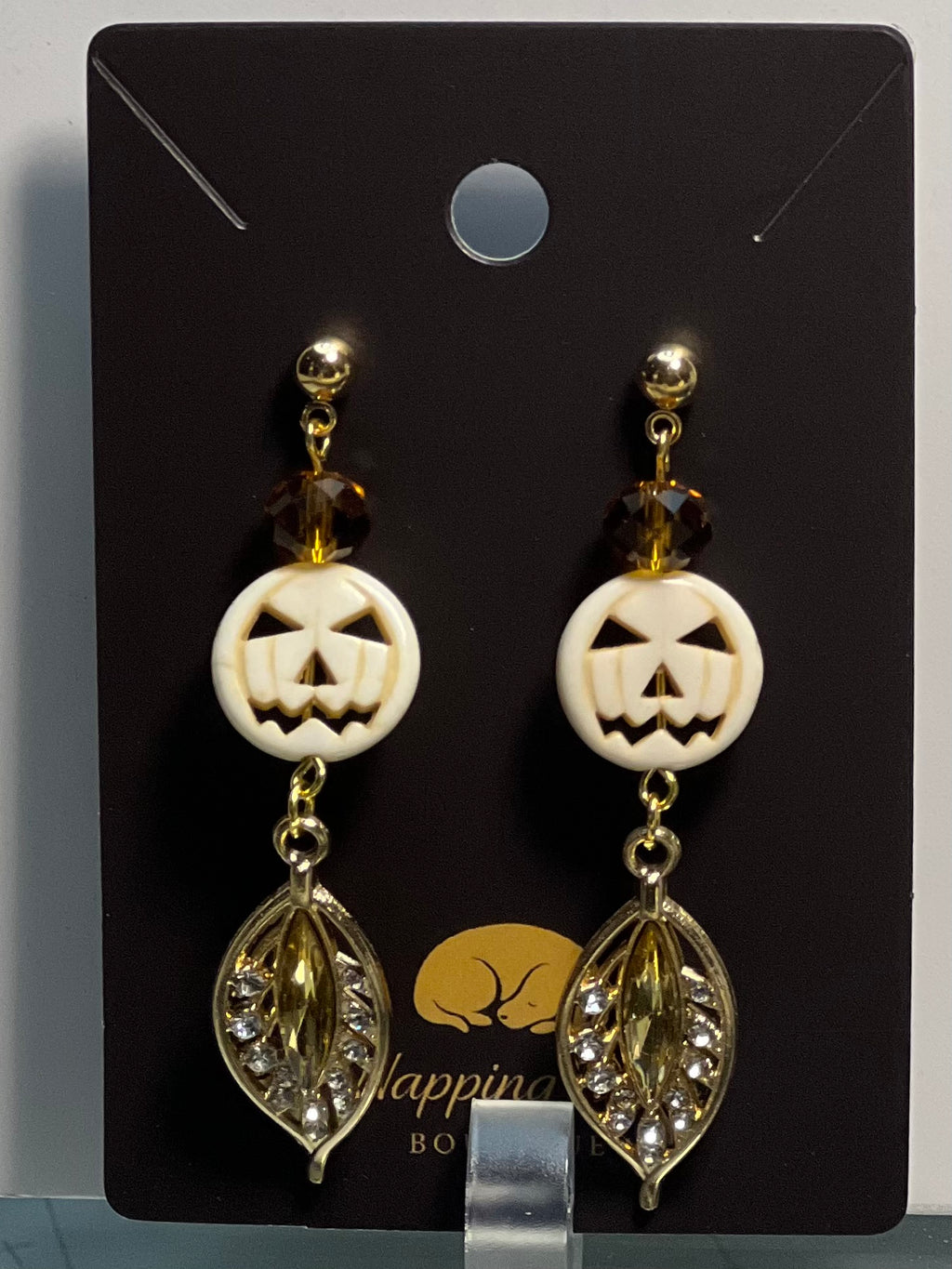 Jack-O’-Lantern & Crystal Leaf Dangle Earrings – Gold-Tone Halloween Earrings