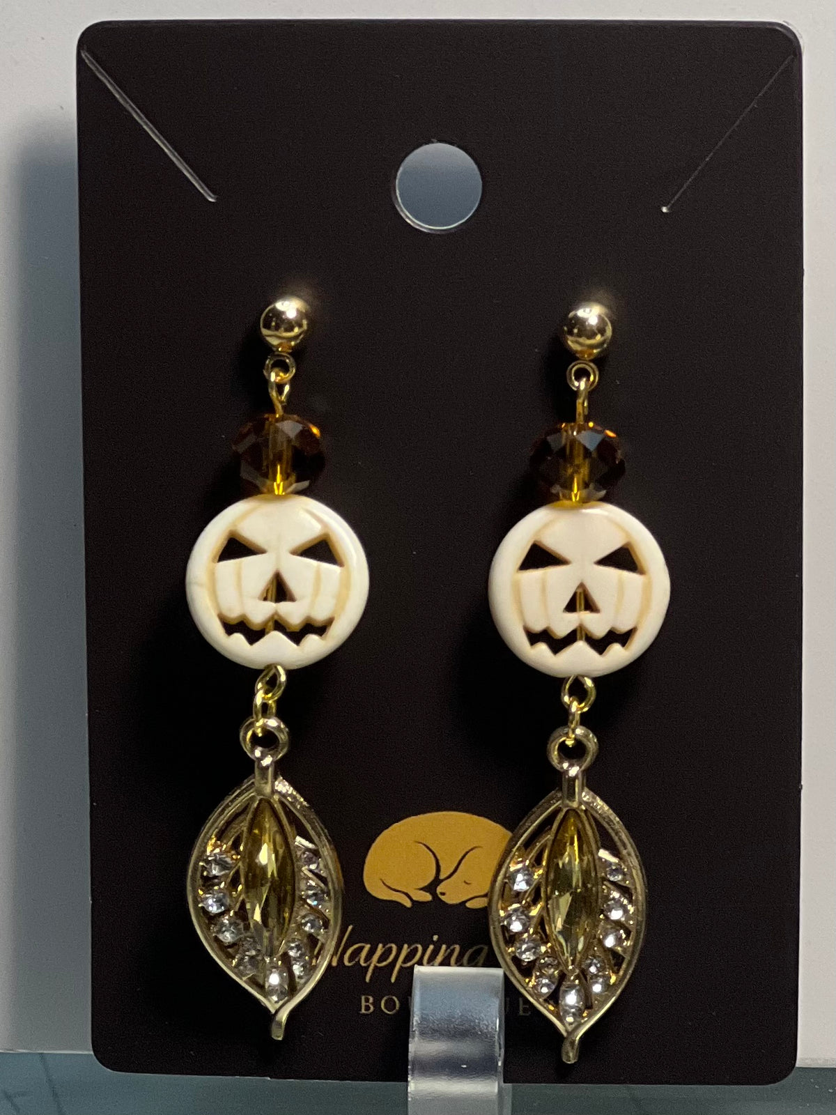 Jack-O’-Lantern & Crystal Leaf Dangle Earrings – Gold-Tone Halloween Earrings