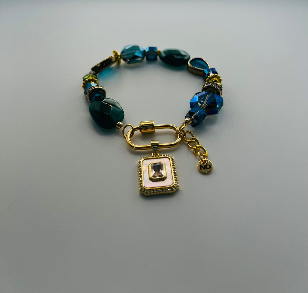 Turquoise & Green Stone/Bead Gold Tone Bracelet with Opal Charm