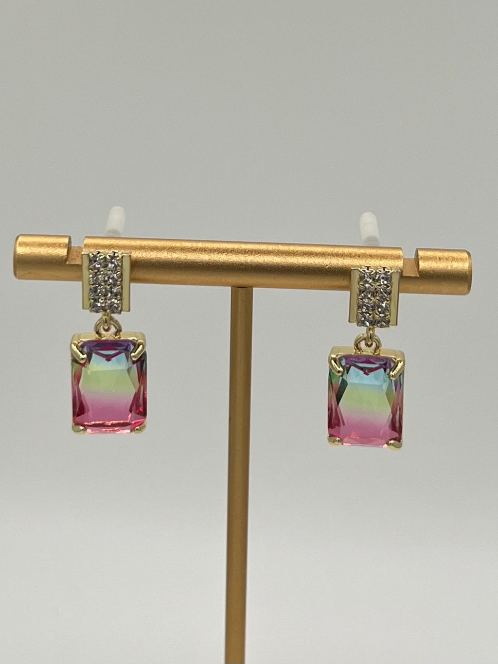 Rainbow Crystal Drop Earrings – Gold Rhinestone Stud Statement Earrings
