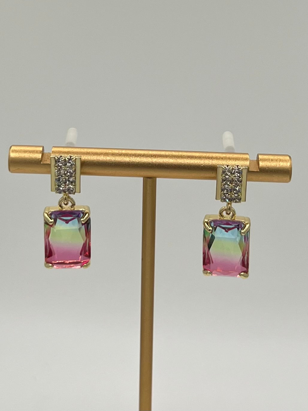Rainbow Crystal Drop Earrings – Gold Rhinestone Stud Statement Earrings