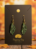 Green Glass Leaf Dangle Earrings – Gold-Tone Nature-Inspired Earrings