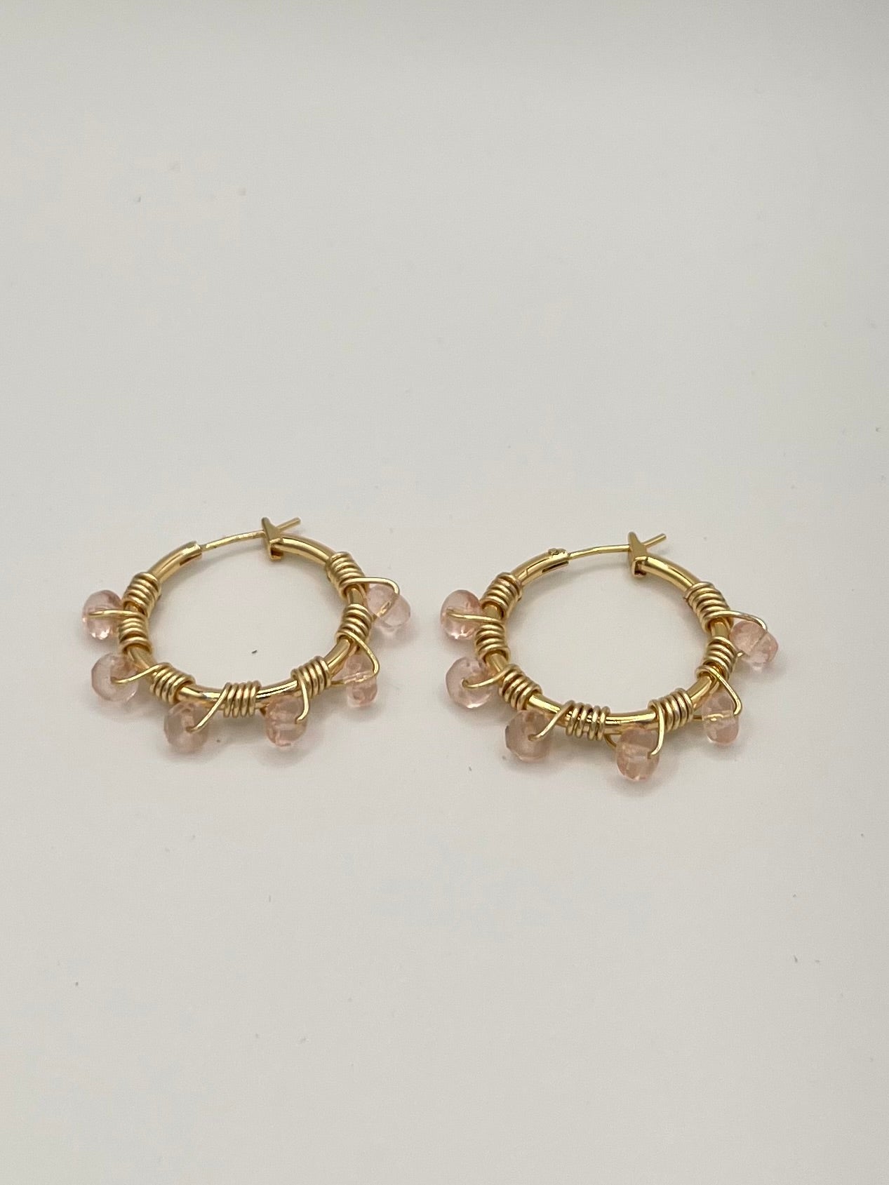 Hand-Wired Gold Hoop Earrings with Rose Pink Glass Beads