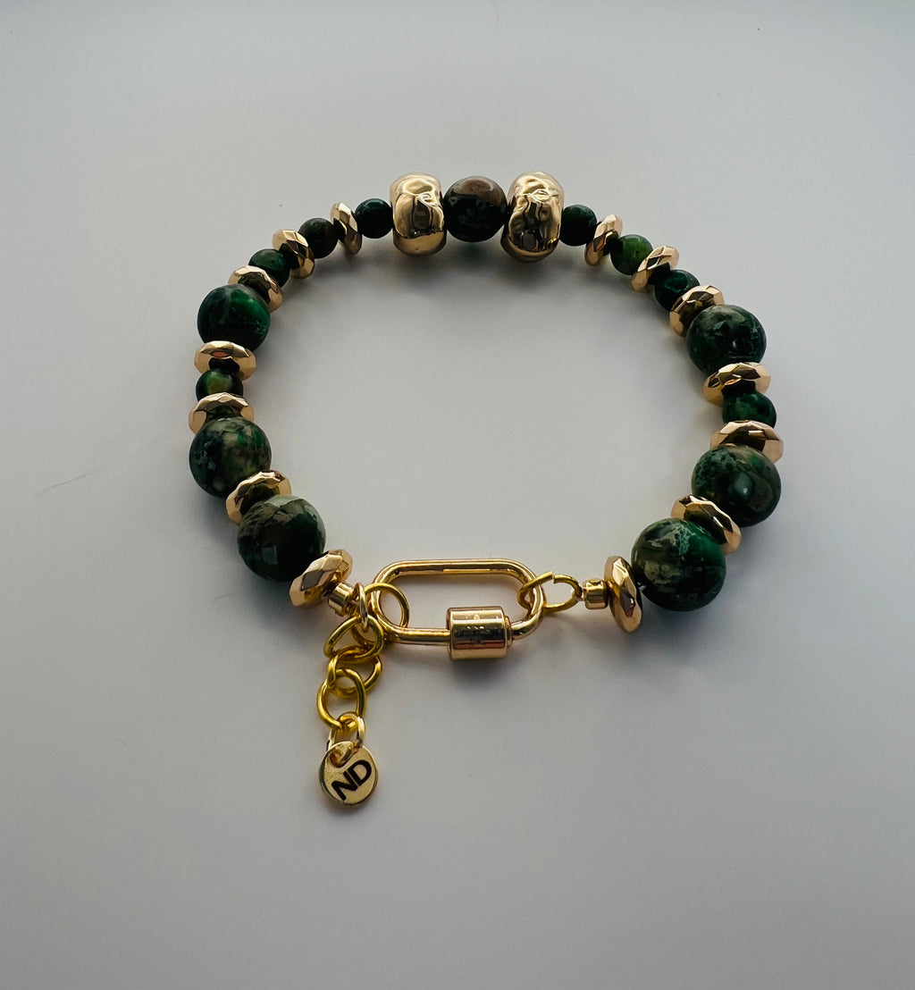 Green Stone & Gold Tone Bracelet with Gold Bead Accents
