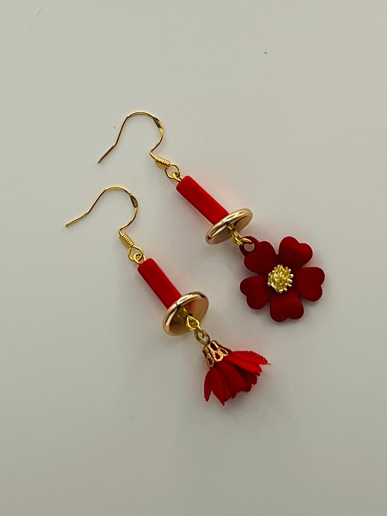 Red and Gold Boho-Style Earrings with Flower and Tassle