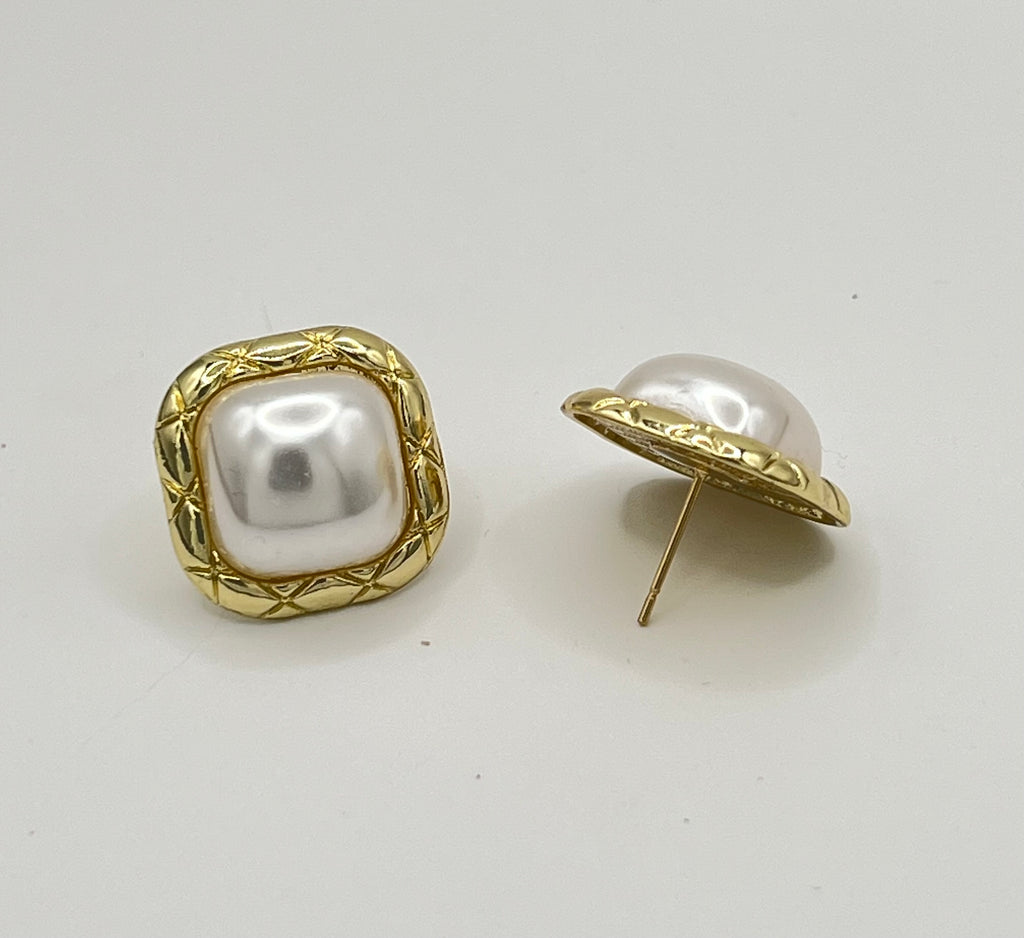 Gold Tone Faux Pearl Square Stud Earrings