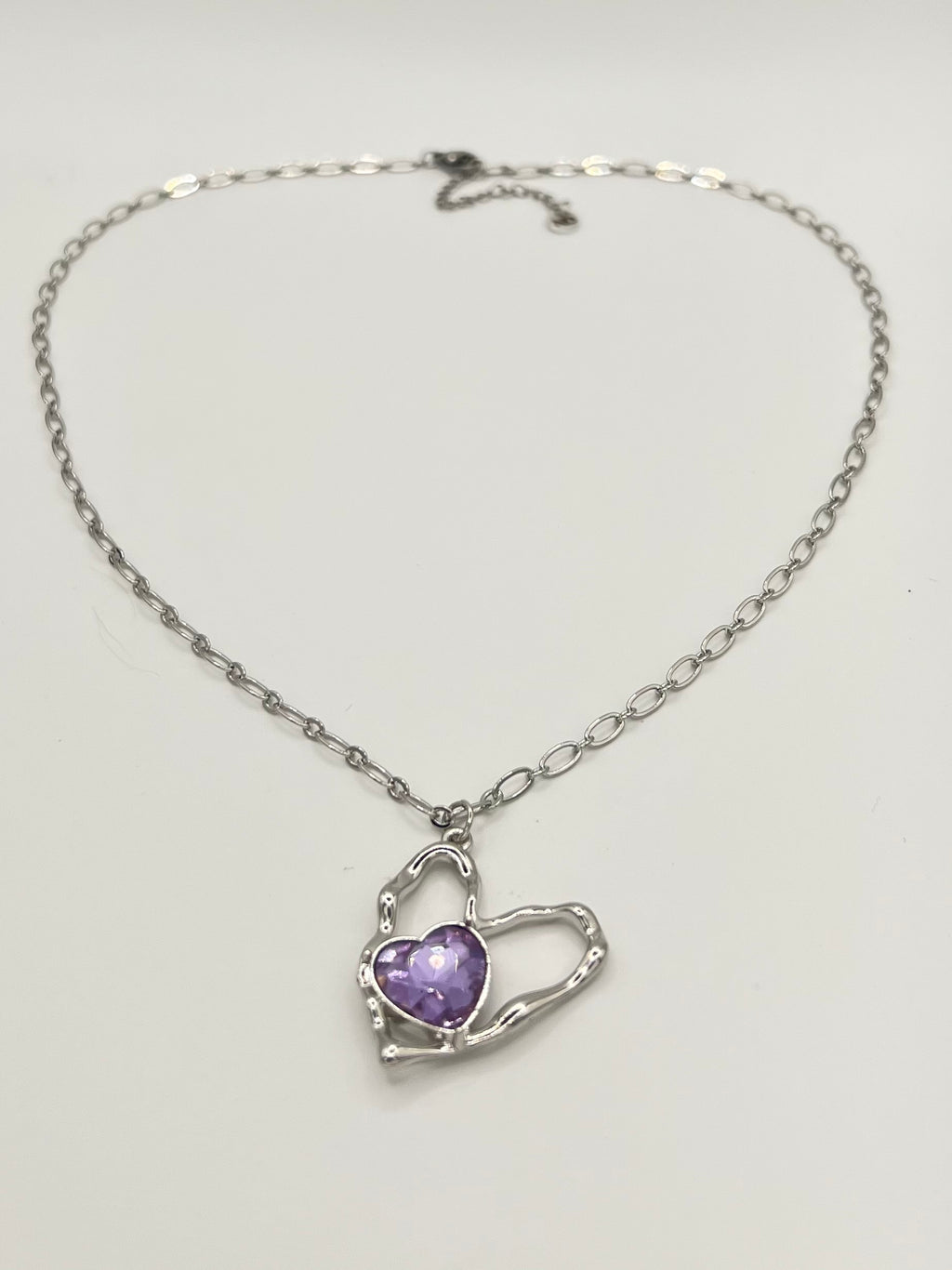 Stainless Steel Open Heart Necklace with Purple Crystal Pendant