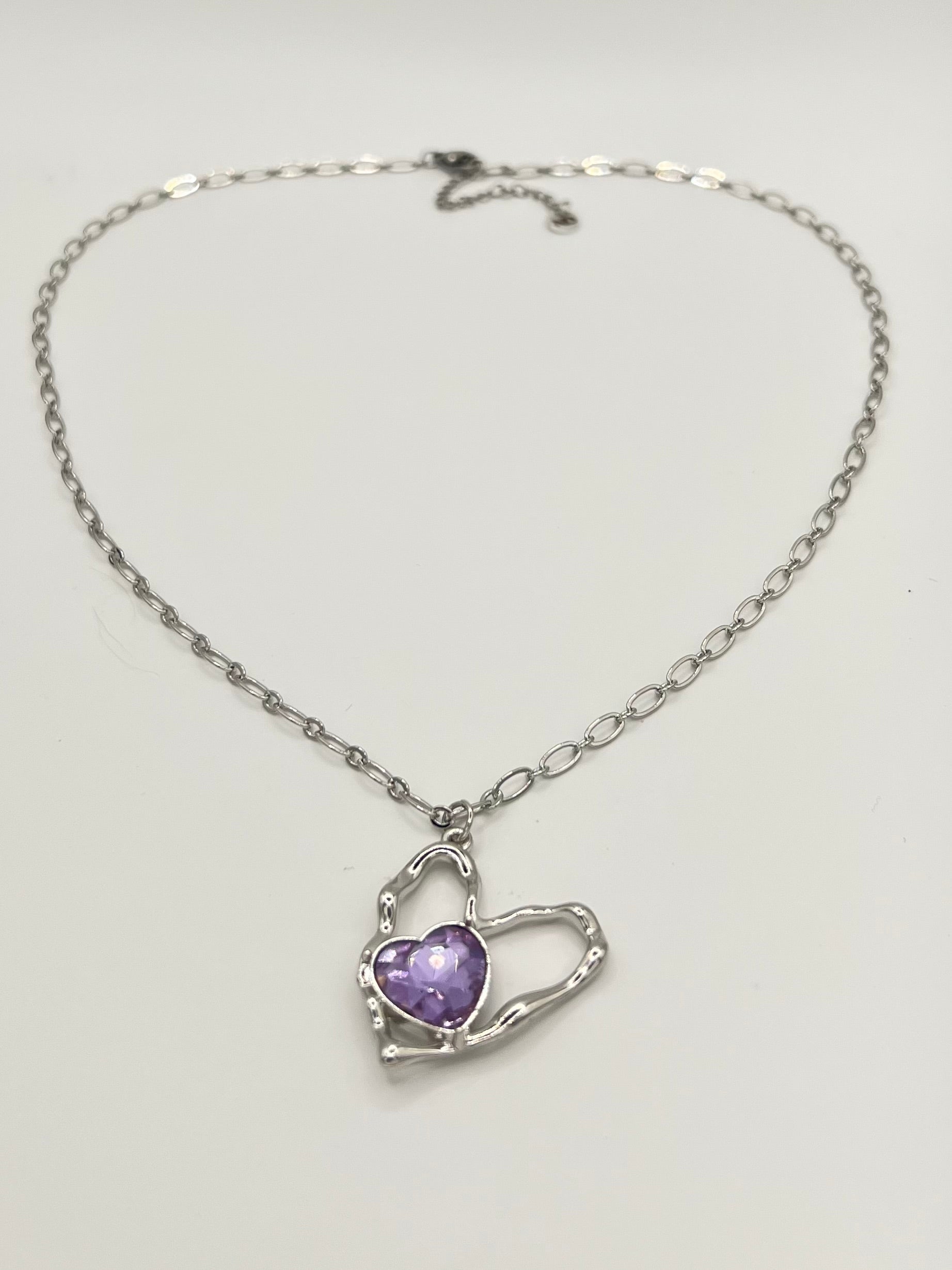 Stainless Steel Open Heart Necklace with Purple Crystal Pendant