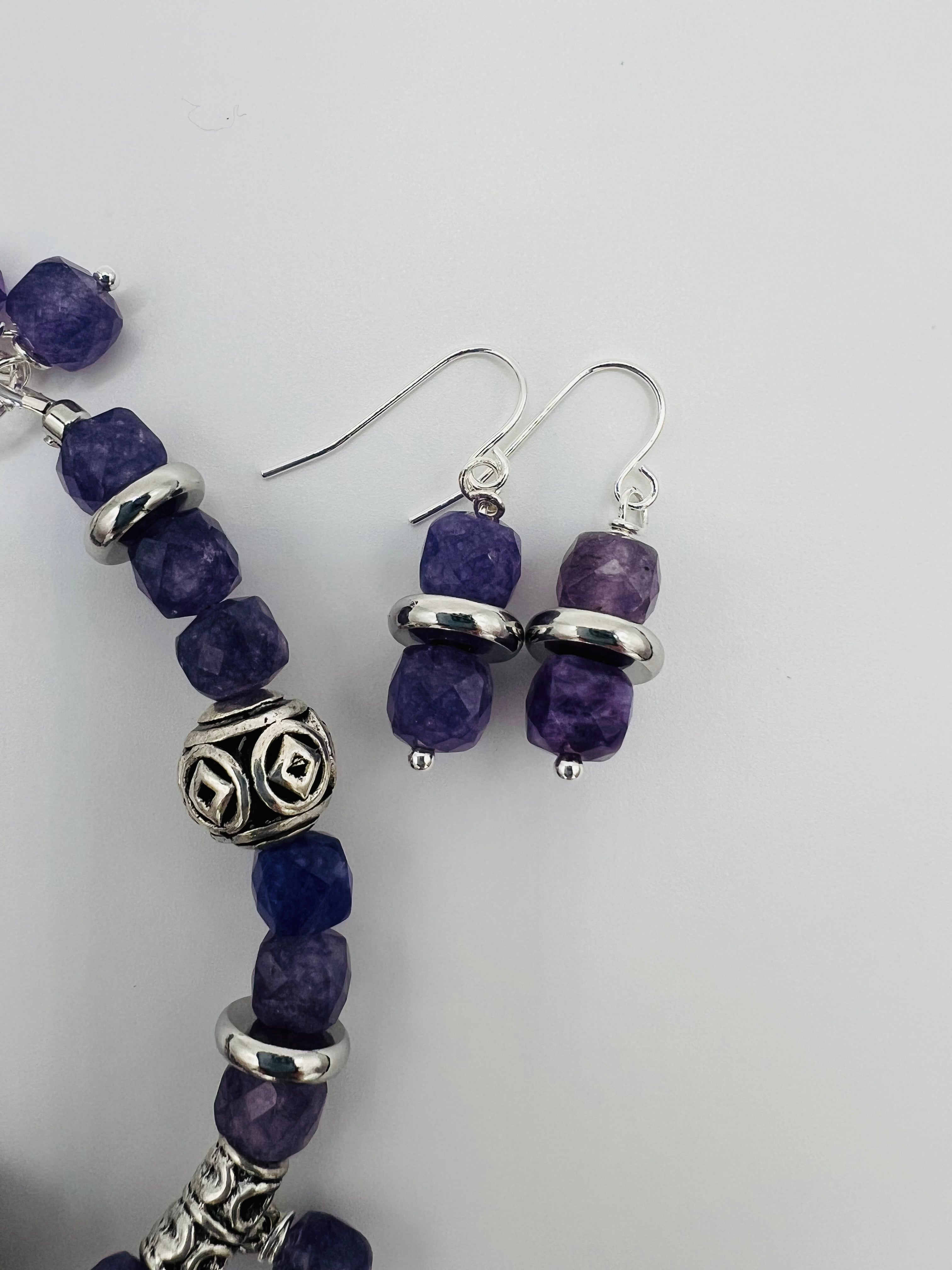 Faceted Genuine Amethyst Bracelet with Rhinestone Pavé Accent & Matching Earrings