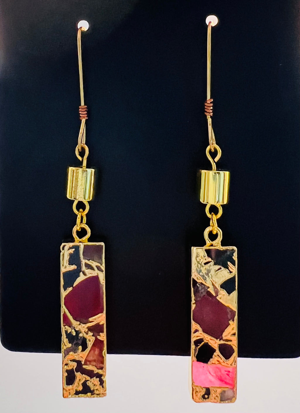 Red and Gold Tone Marble Dangle Earrings