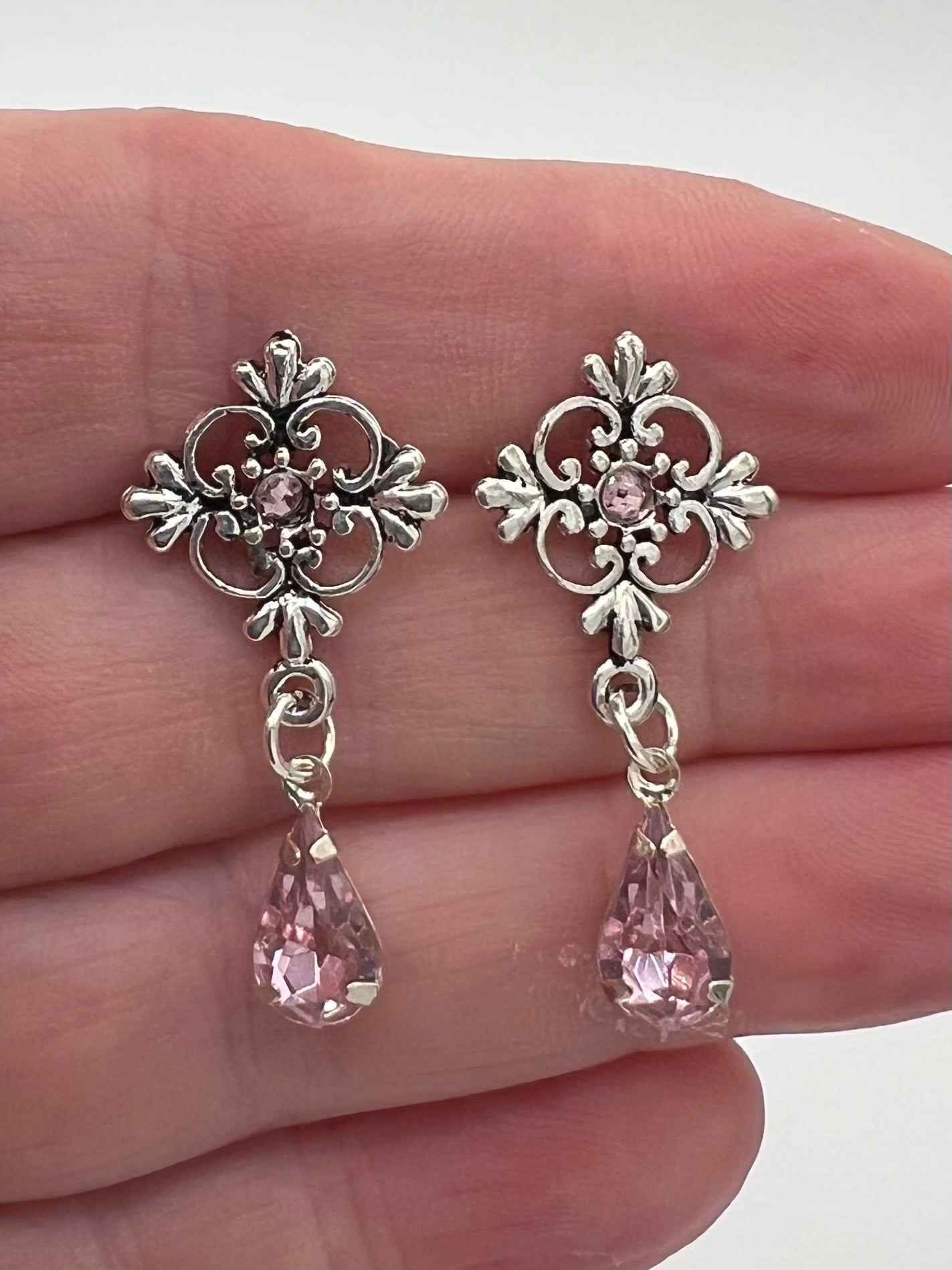 Silver Filigree Pink Crystal Drop Earrings