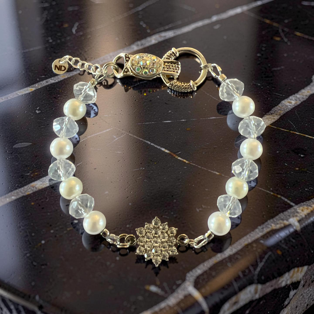 Pearl & Crystal Bracelet with Rhinestone Starburst Charm and Magnetic Closure