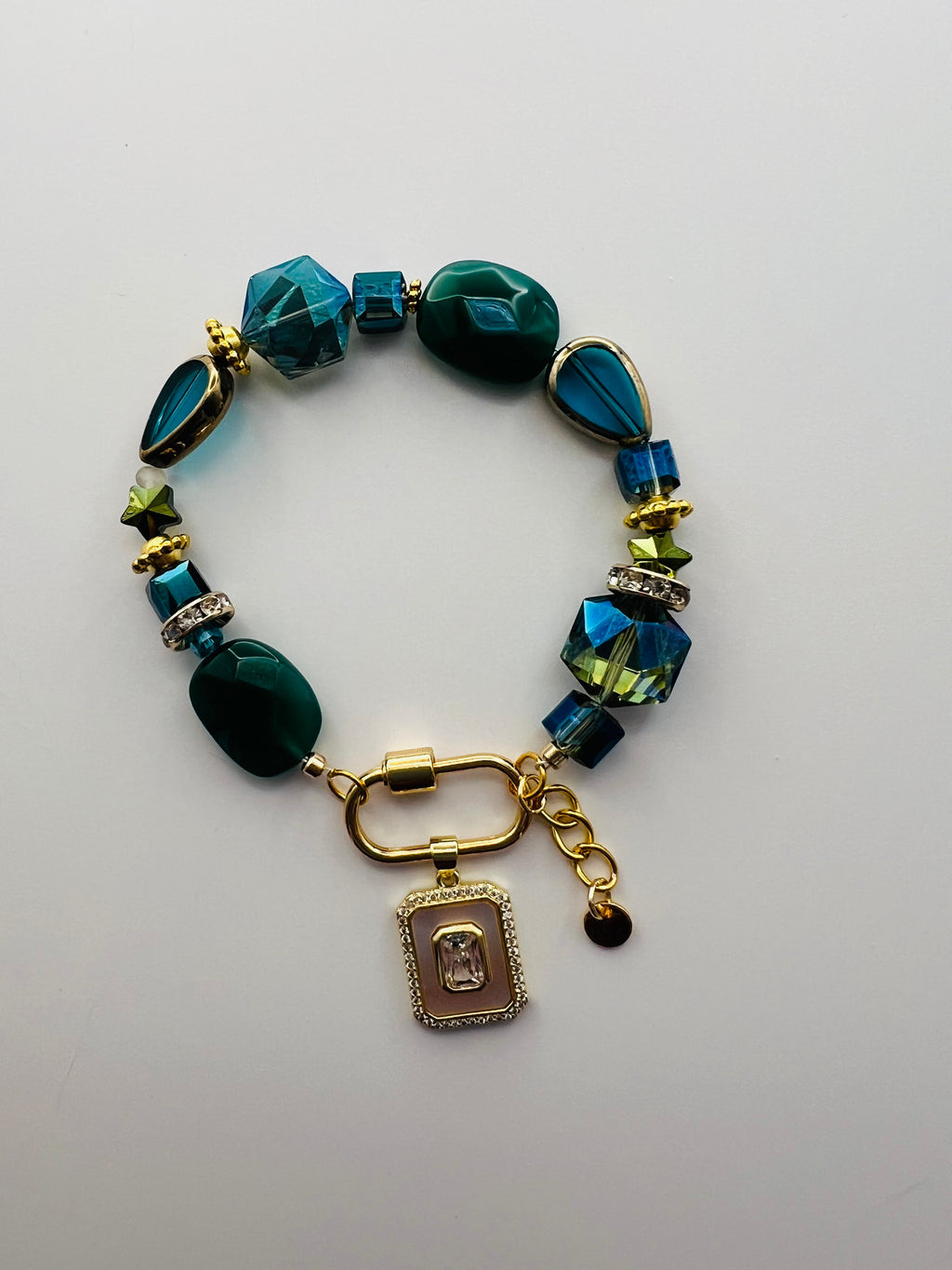Turquoise & Green Stone/Bead Gold Tone Bracelet with Opal Charm