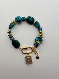 Turquoise & Green Stone/Bead Gold Tone Bracelet with Opal Charm