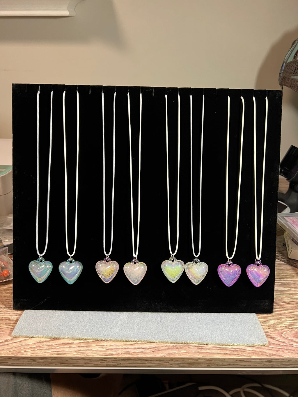 Iridescent Glass Heart Pendant Necklace – 20” Rope Cord – Choice of One