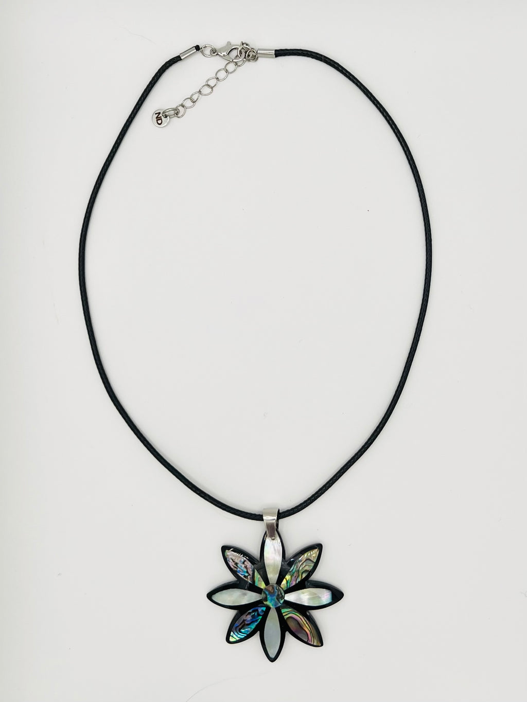 Abalone Flower Pendant Necklace on Black Rope Chain