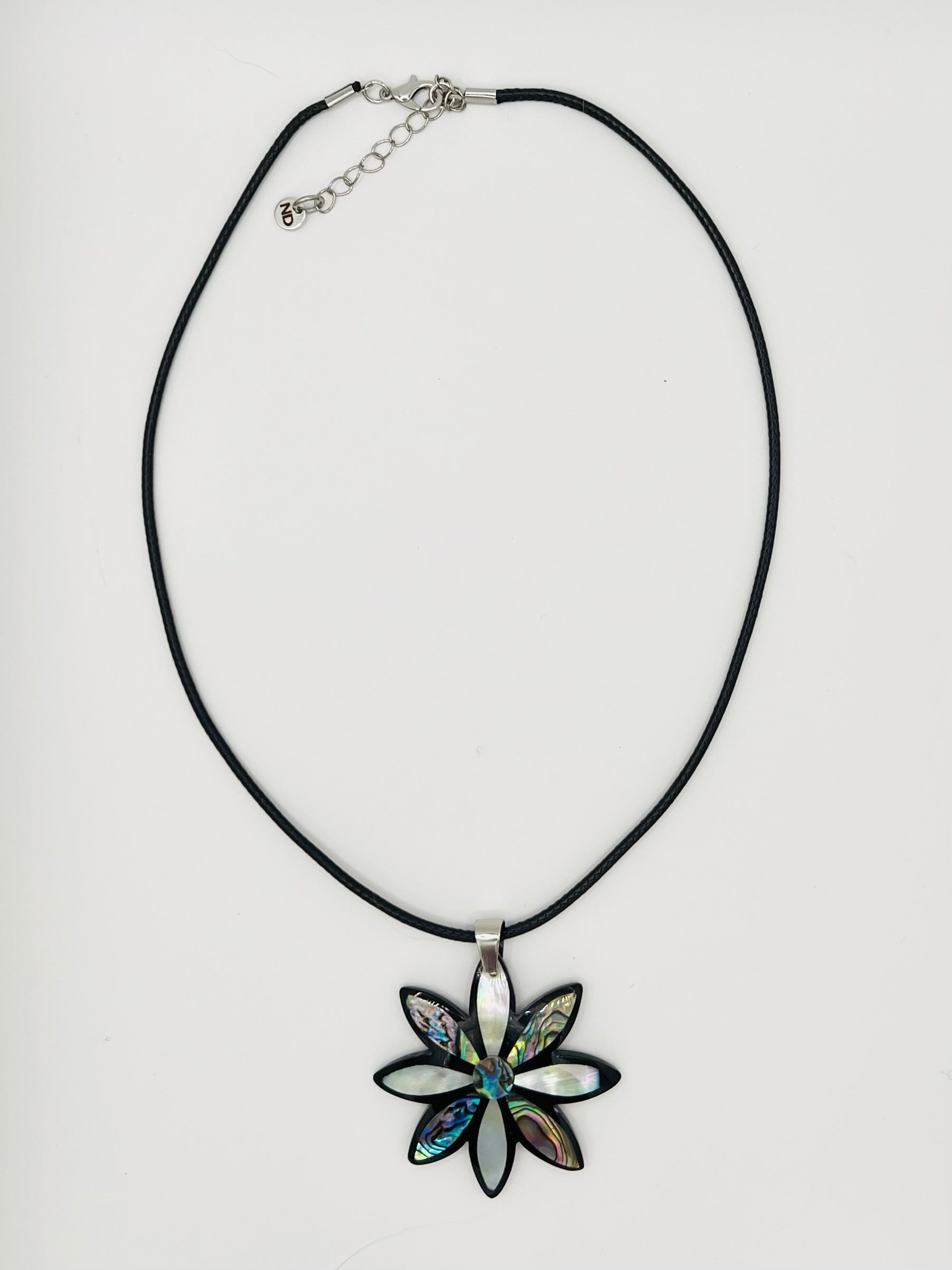 Abalone Flower Pendant Necklace on Black Rope Chain