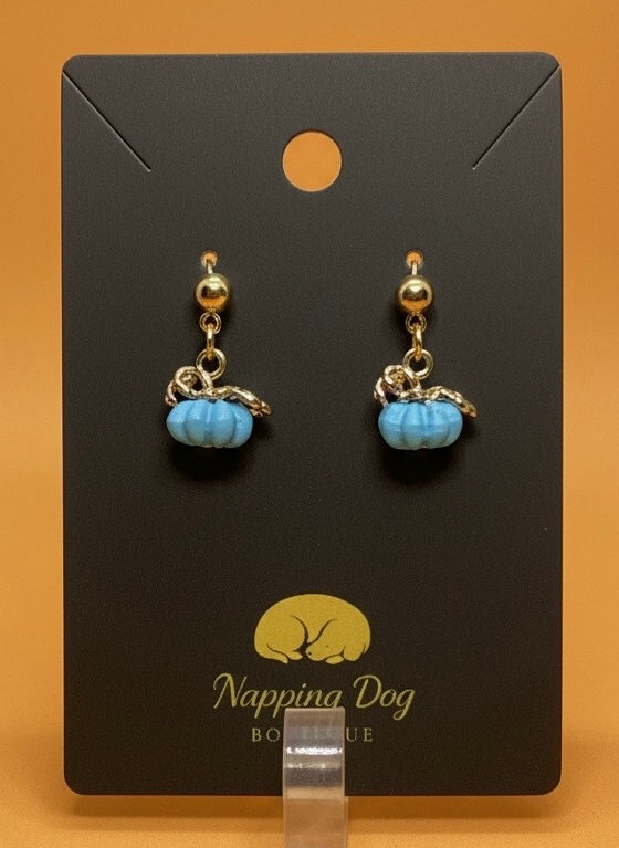 Blue Ceramic Pumpkin Post Earrings – Gold-Tone Fall Dangle Earrings