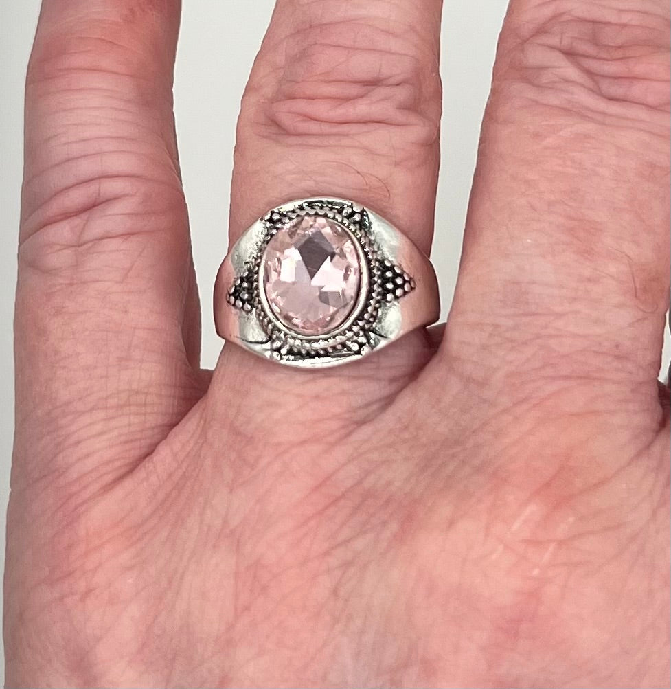 Pink Created-Sapphire Ring - Vintage-Inspired Silver Tone Setting