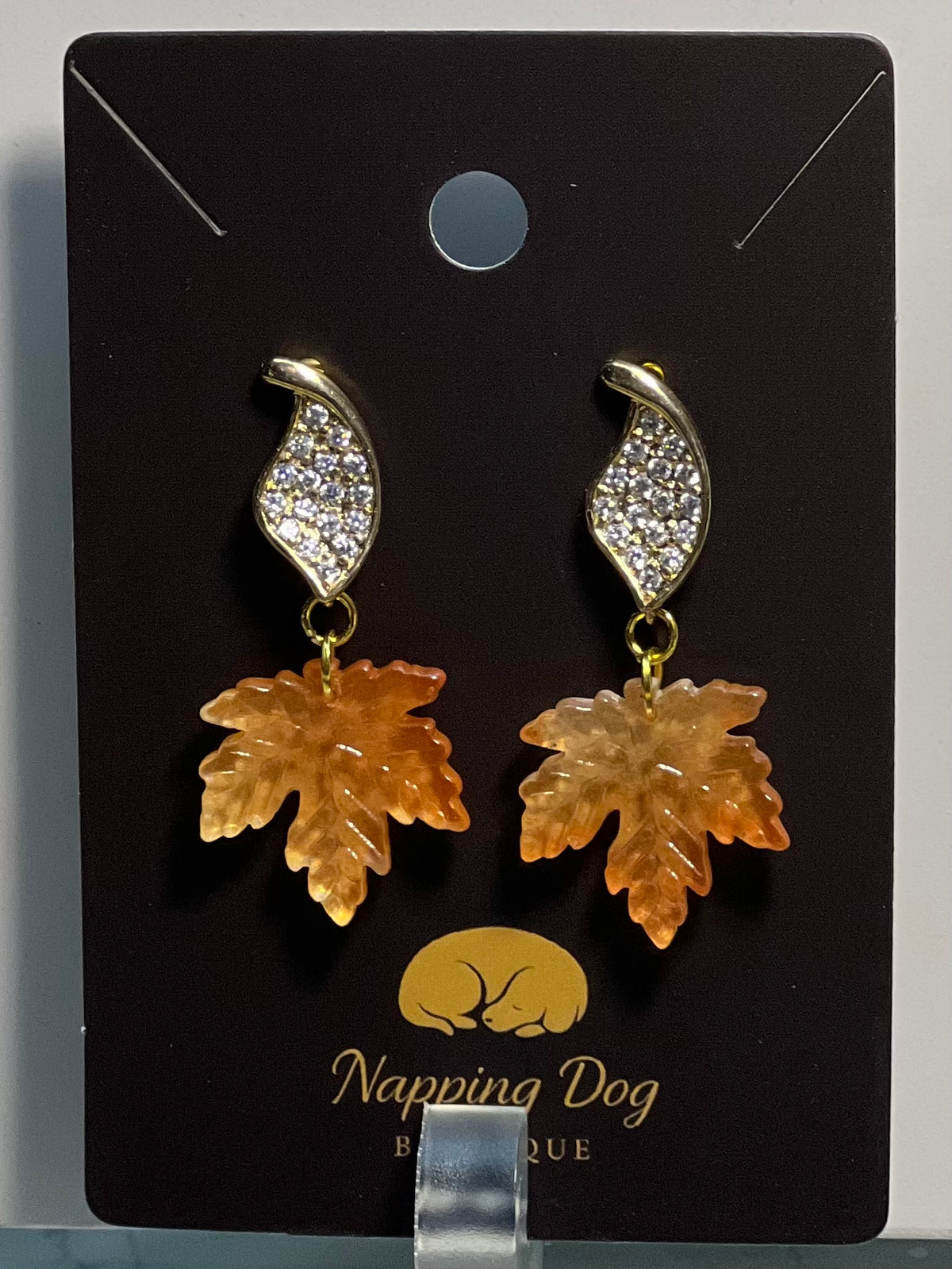 Glass Maple Leaf Dangle Earrings – Gold-Tone Crystal Accent Earrings