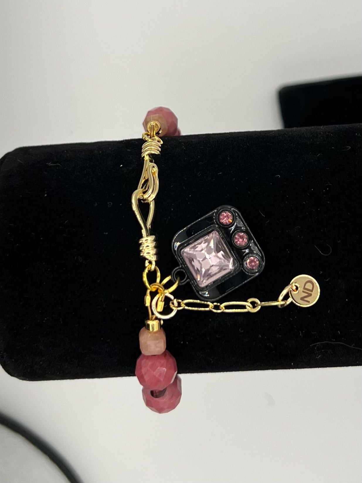 Faceted Rhodonite & Burgundy Crystal Lined Pearl & Sunstone Charm Bracelet