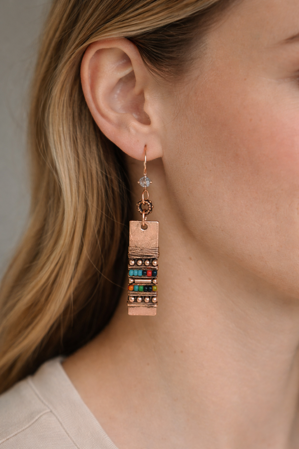 Copper Boho Dangle Earrings with Multi-color Bead Accents