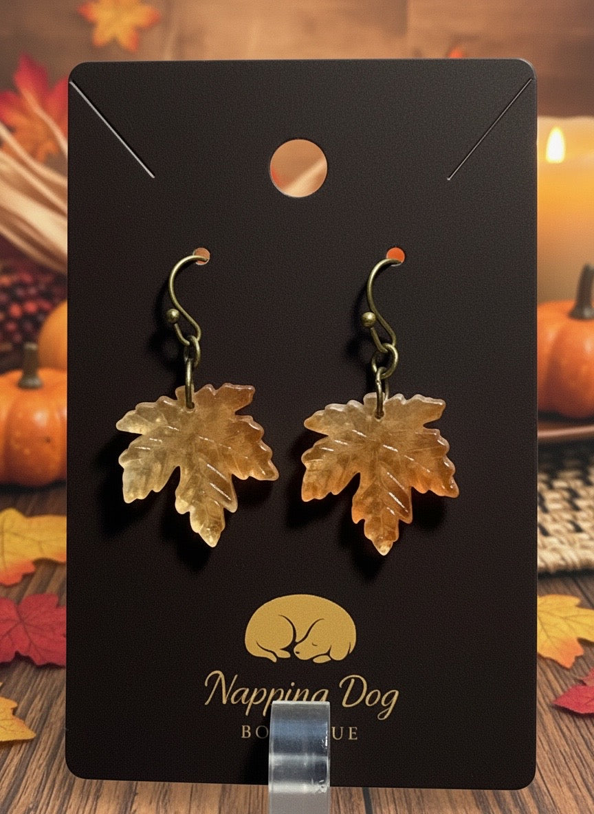 Glass Maple Leaf Dangle Earrings – Golden Amber Fall Earrings