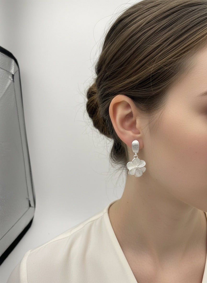 Sterling Silver Flower Drop Earrings – Elegant Floral Statement Earrings