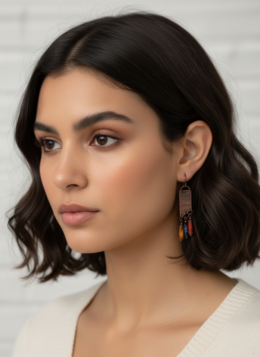 Bronze Dangle Earrings with Multi-Color Stone Beads