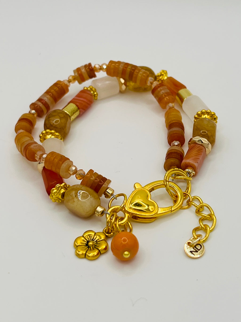 Two-Strand Natural Stones Bracelet with Antique Gold Flower Charm