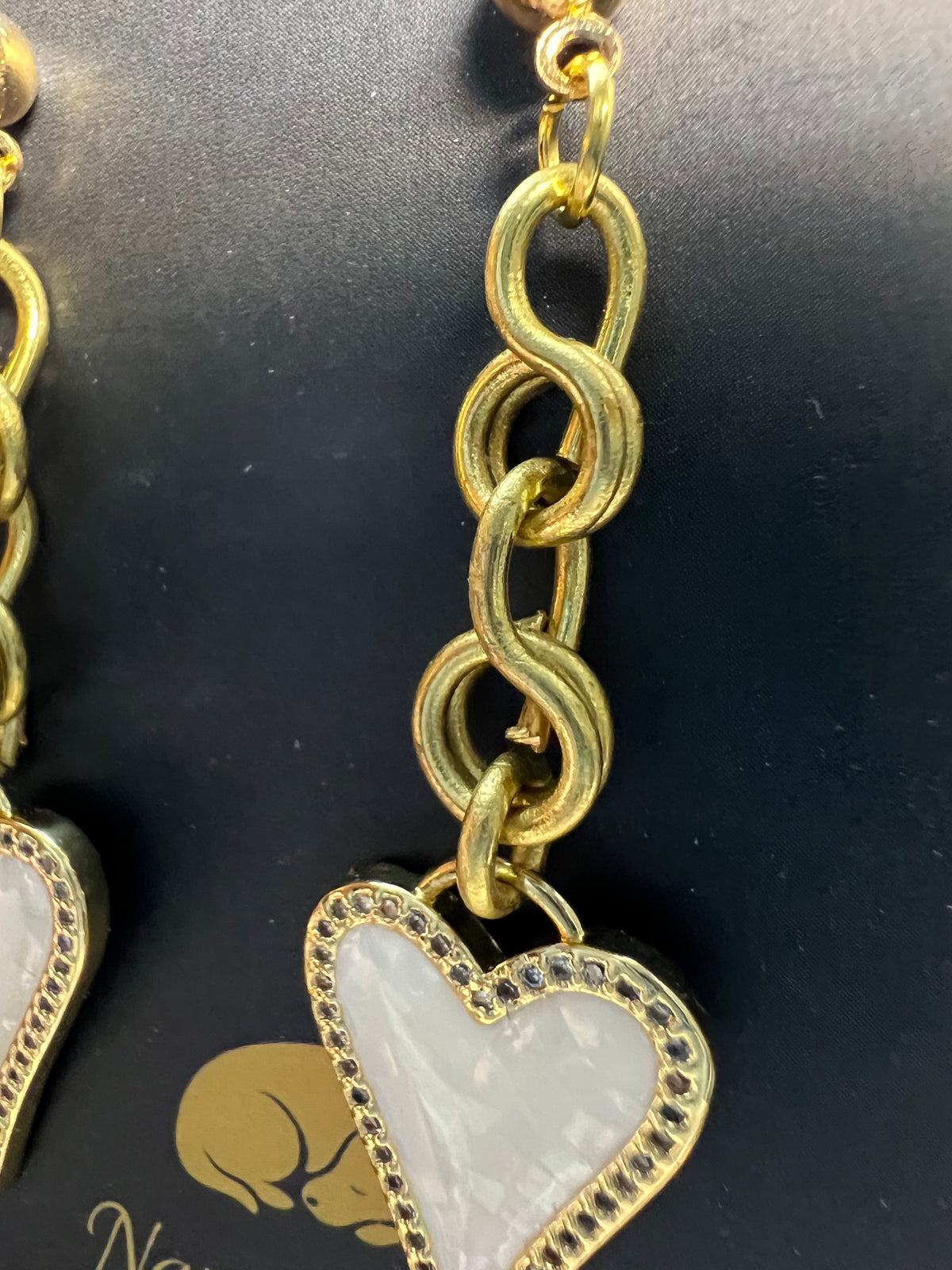 Hand-Wired Gold-Tone Heart Dangle Earrings – Cream Textured Statement Earrings