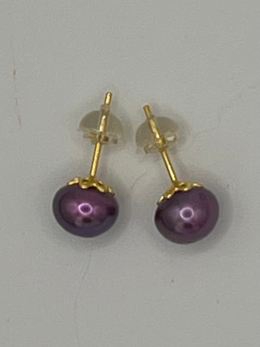 Purple Freshwater Pearl Stud Earrings in Gold Filled over Sterling Silver