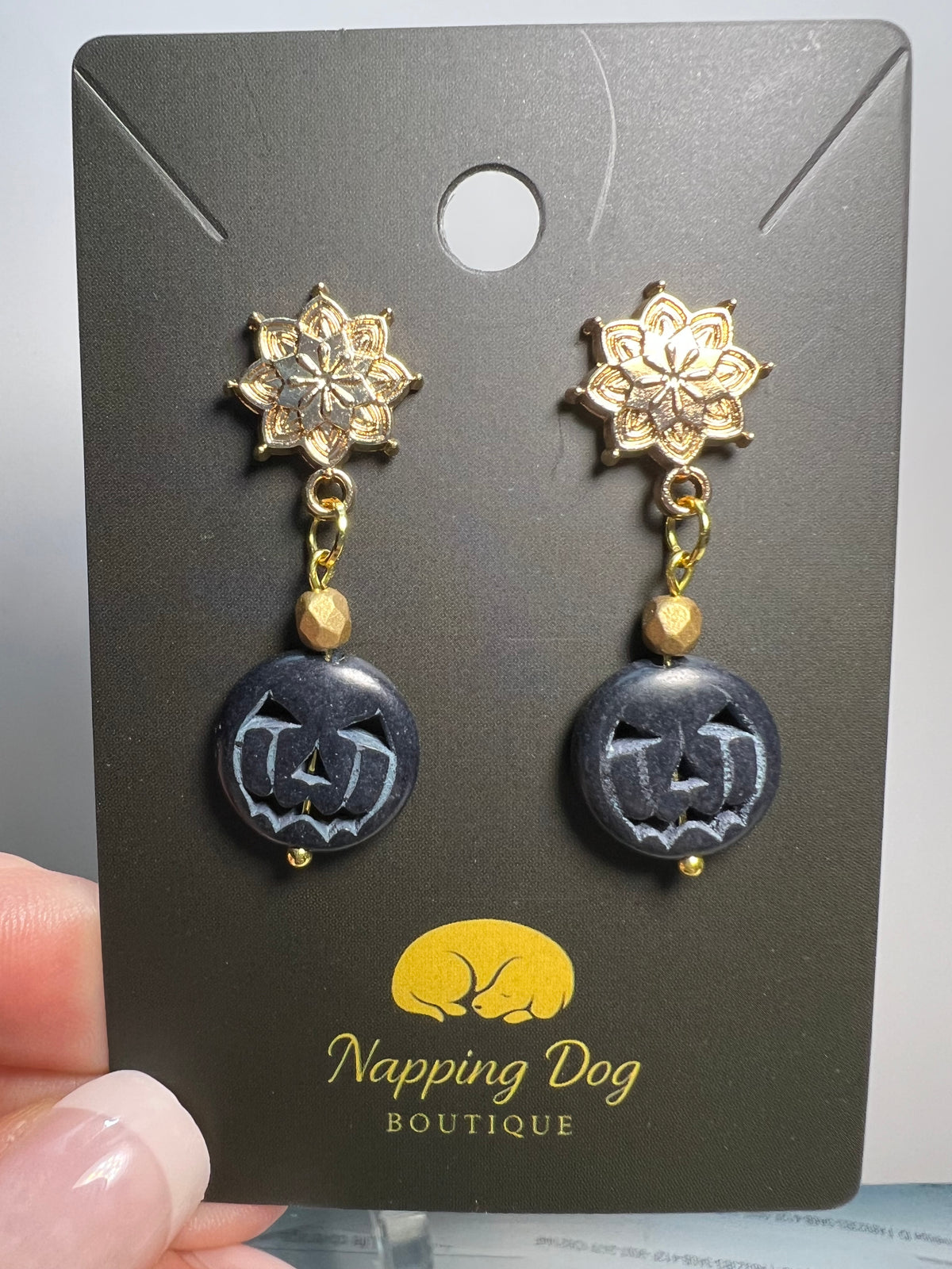 Navy Blue Ceramic Jack-O’-Lantern Dangle Earrings – Gold-Tone Halloween Earrings