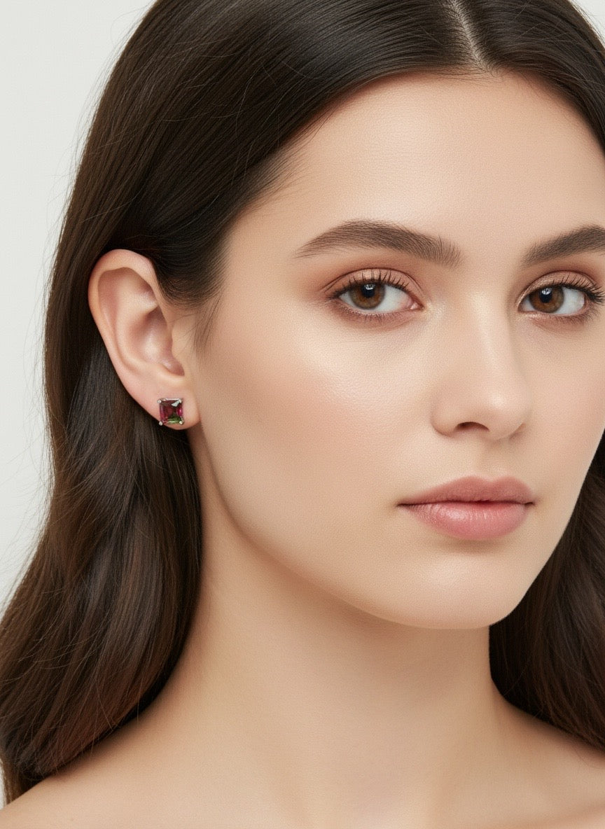 Sterling Silver Princess Cut Watermelon Tourmaline Earrings
