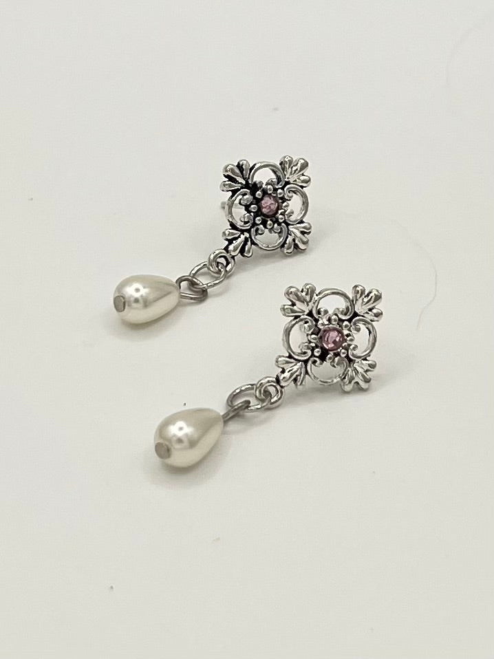 Silver Vintage-Inspired Pink Crystal & Pearl Drop Earrings