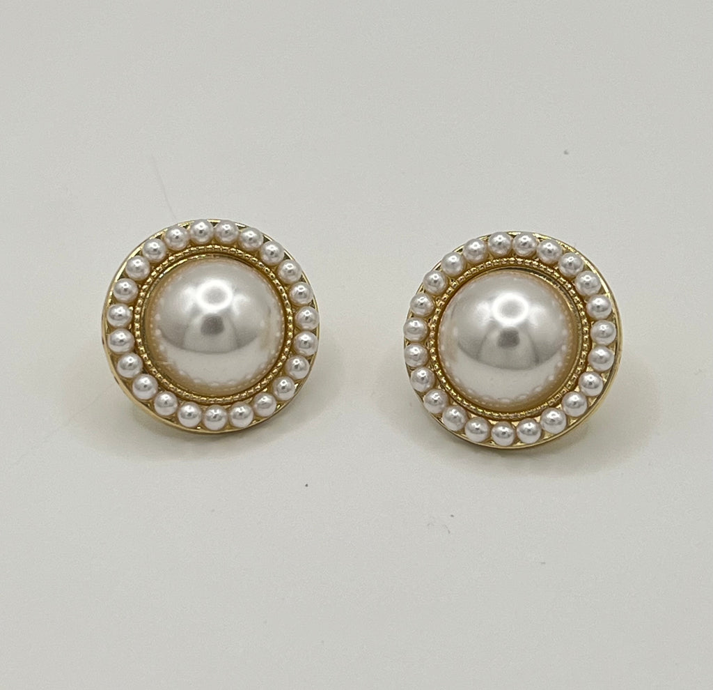 Gold Tone Faux Pearl Stud Earrings with Beaded Halo