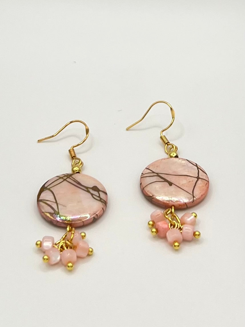 Pink & Gold Marble Dangle Earrings with Pink Shell Beads