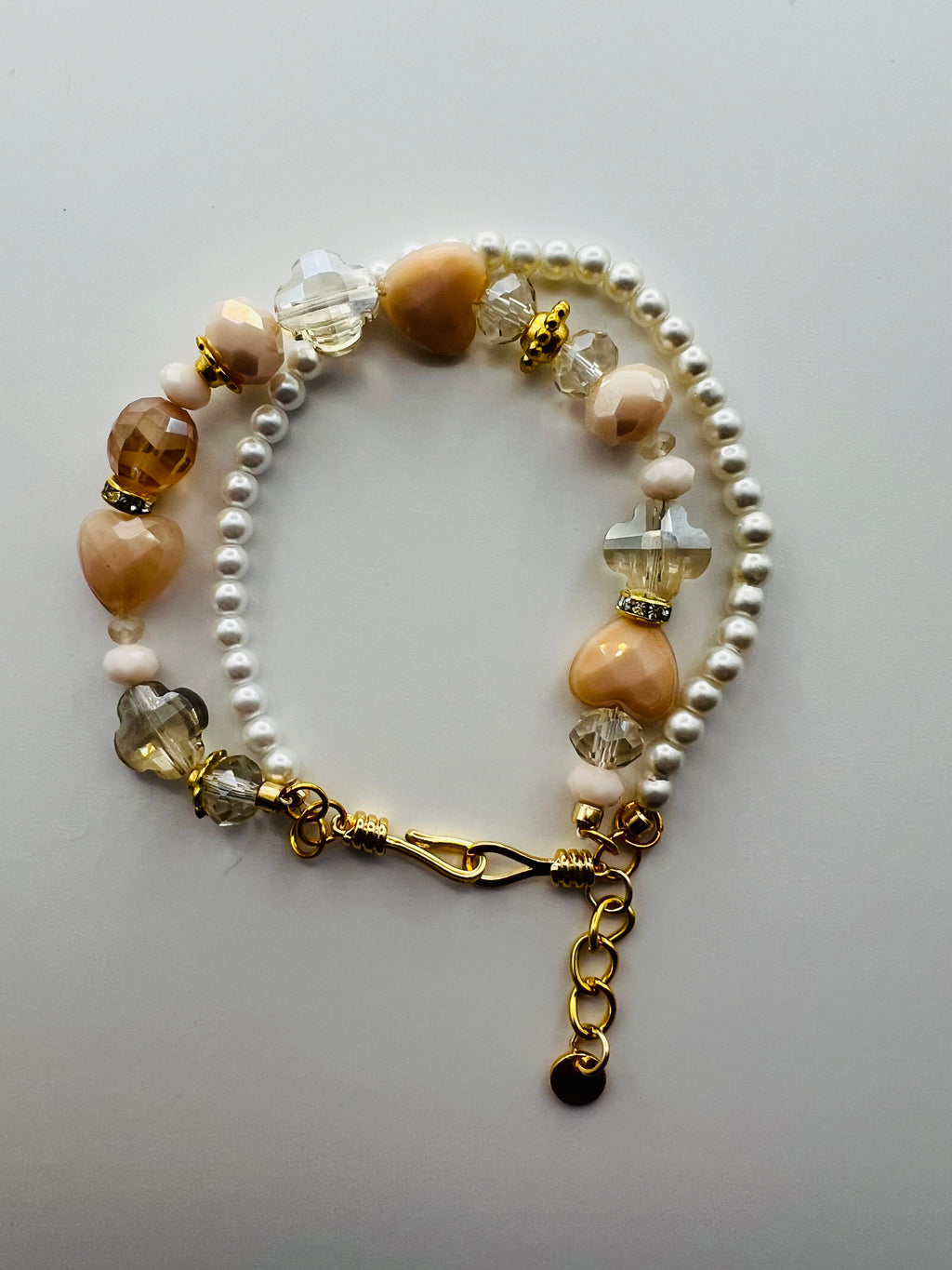 Two-Strand Faux Pearl & Pink Crystal Bracelet