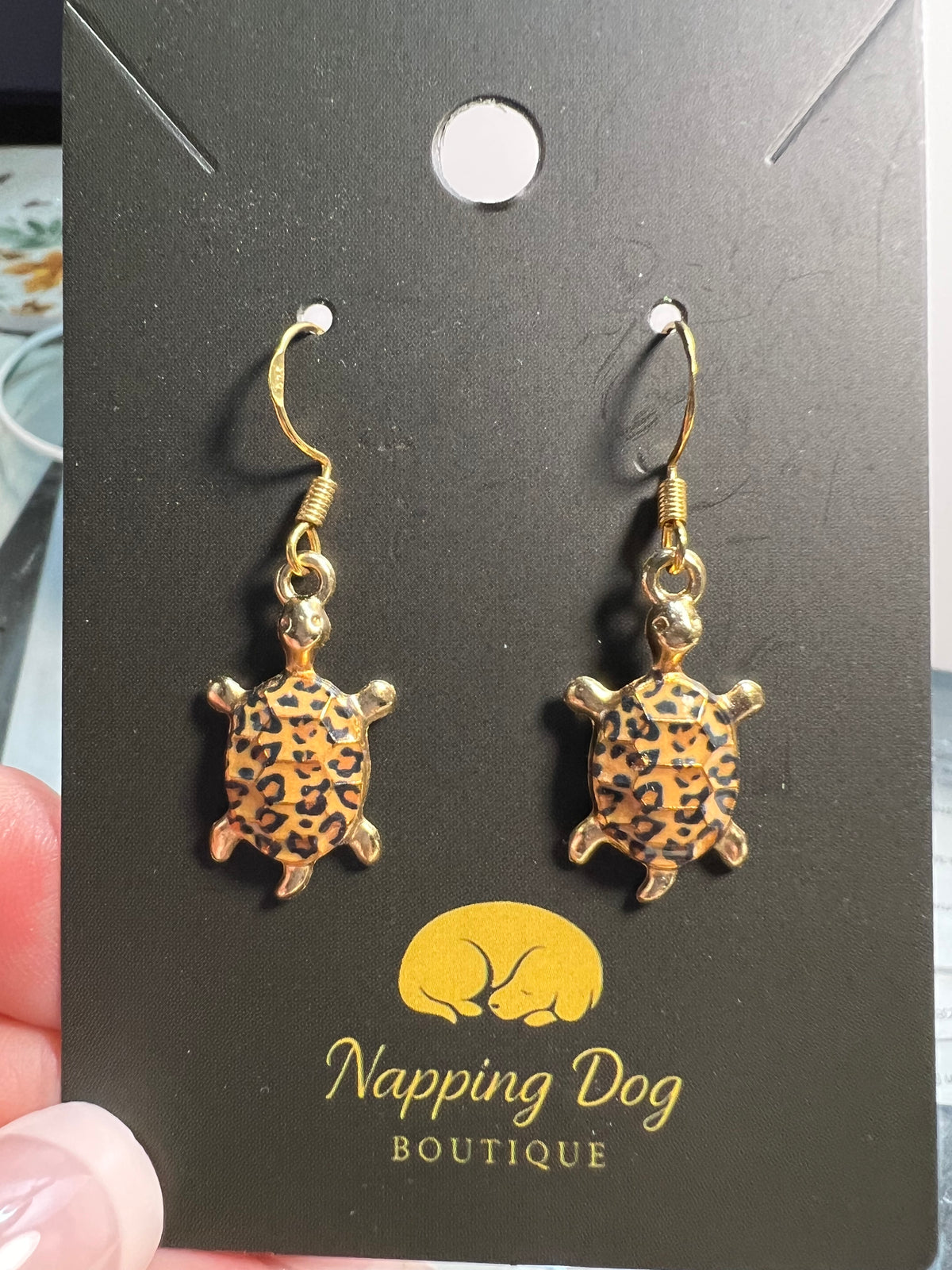 Leopard Print Turtle Dangle Earrings – Gold-Tone Animal Print Earrings