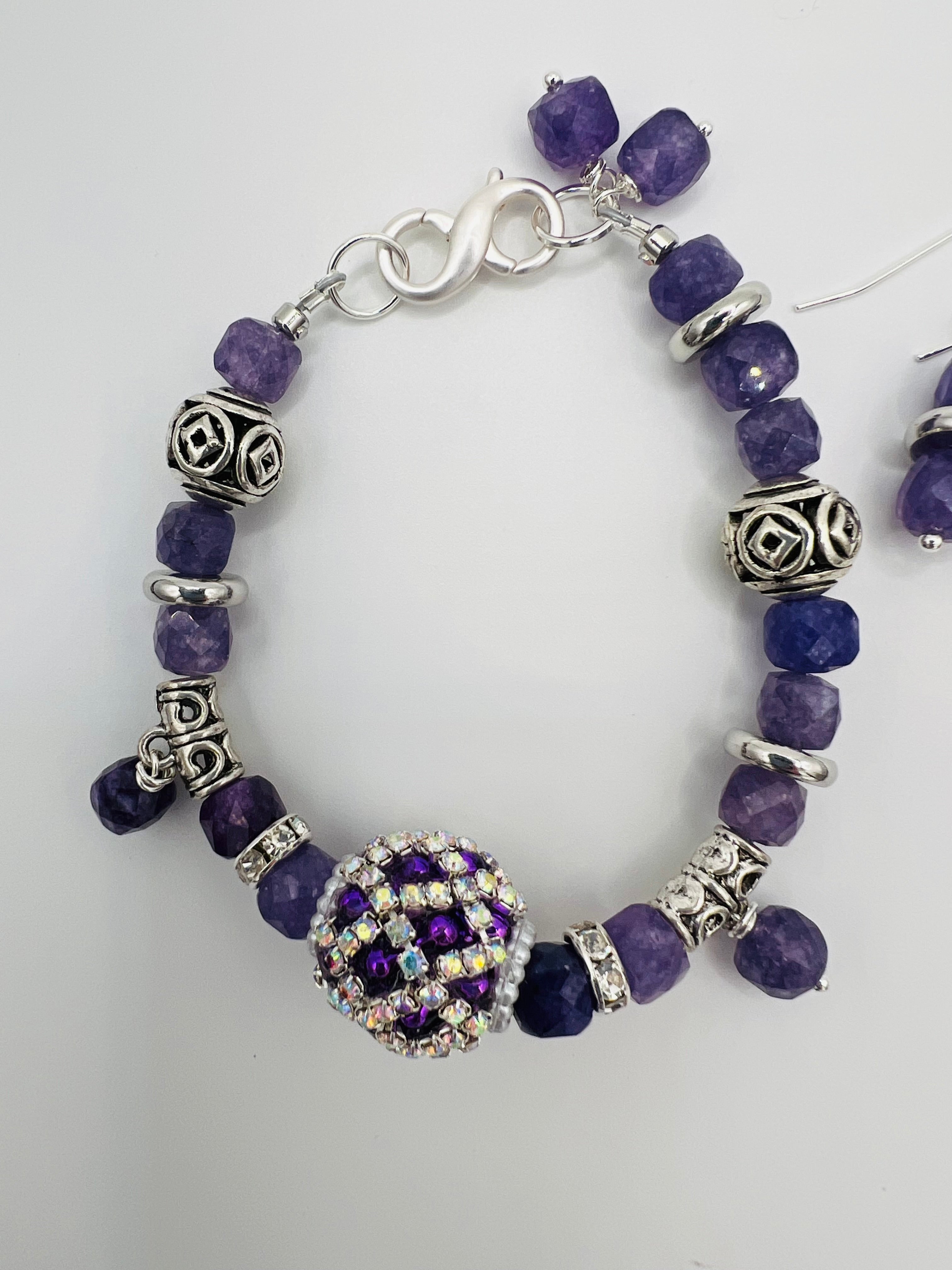 Faceted Genuine Amethyst Bracelet with Rhinestone Pavé Accent & Matching Earrings