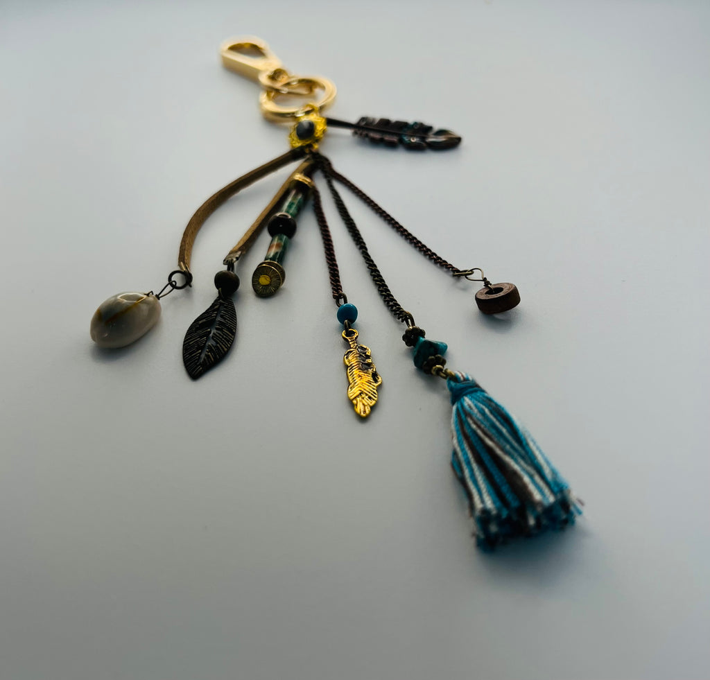 Boho Feather Charm Keychain with Turquoise Accents