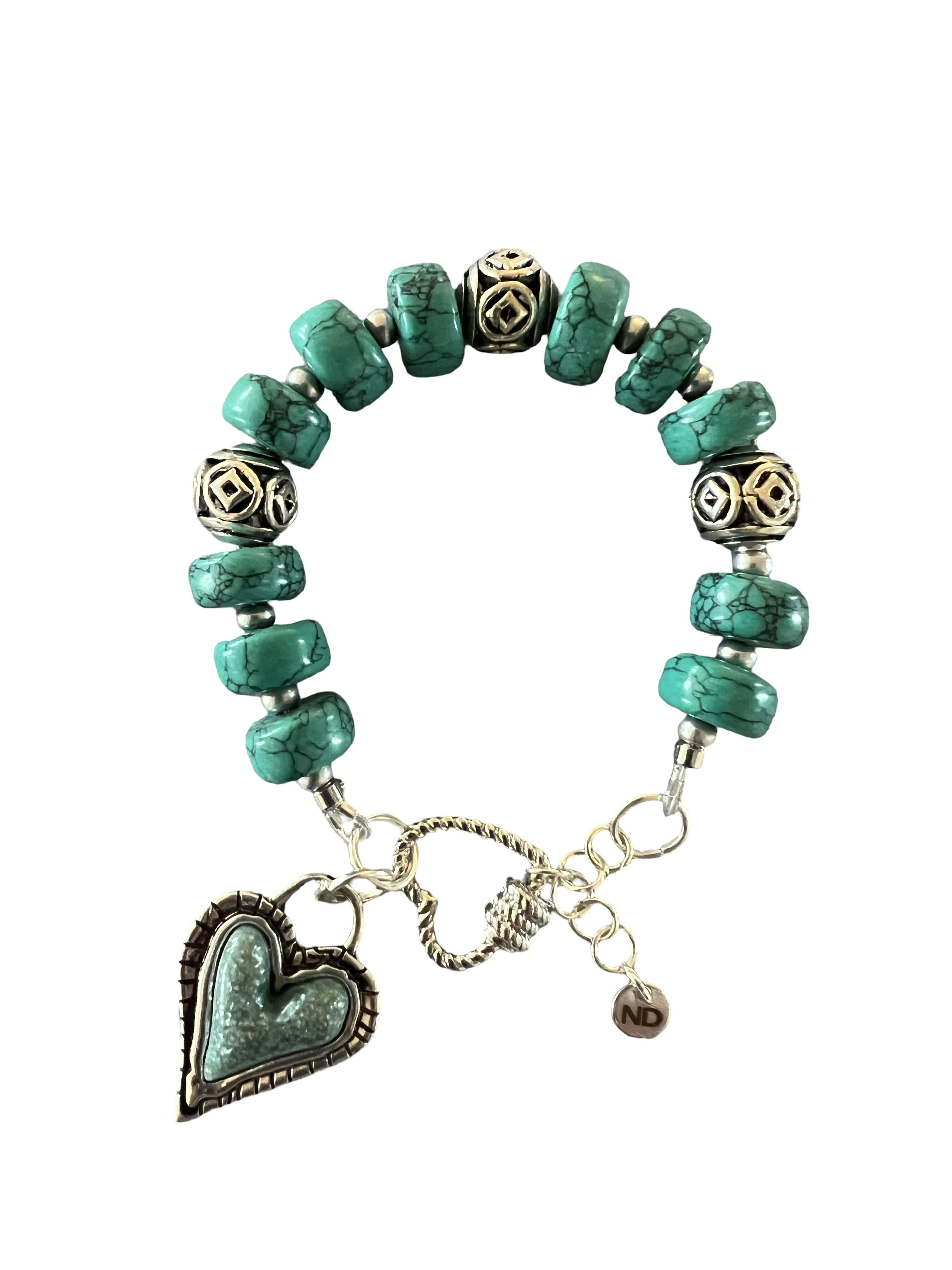 Turquoise Heart Charm Bracelet with Sterling Silver Accent Beads