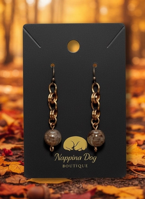 Hand-Wired Copper Chain Dangle Earrings with Brown Stone Beads