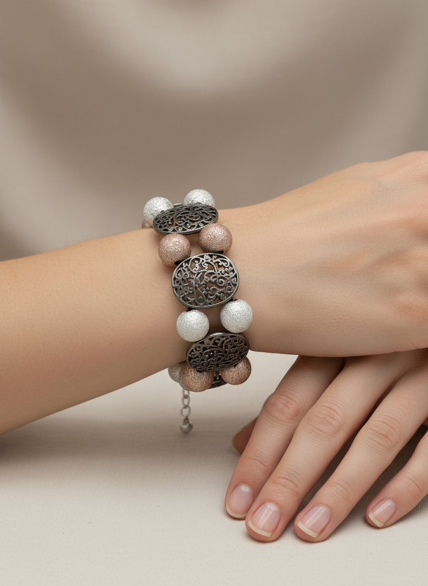 Pink & Silver Metallic Bead Bracelet with Gunmetal Filigree Accents – 8”