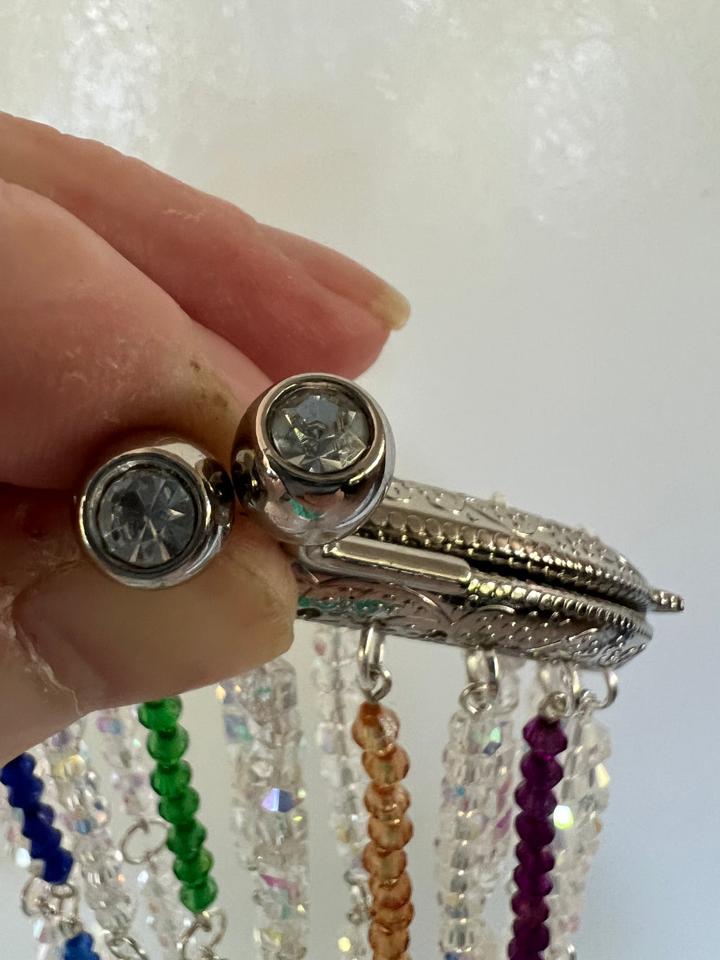 Handcrafted Silver Clear and MultiColor Glass Suncatcher with Rhinestone Kiss Lock