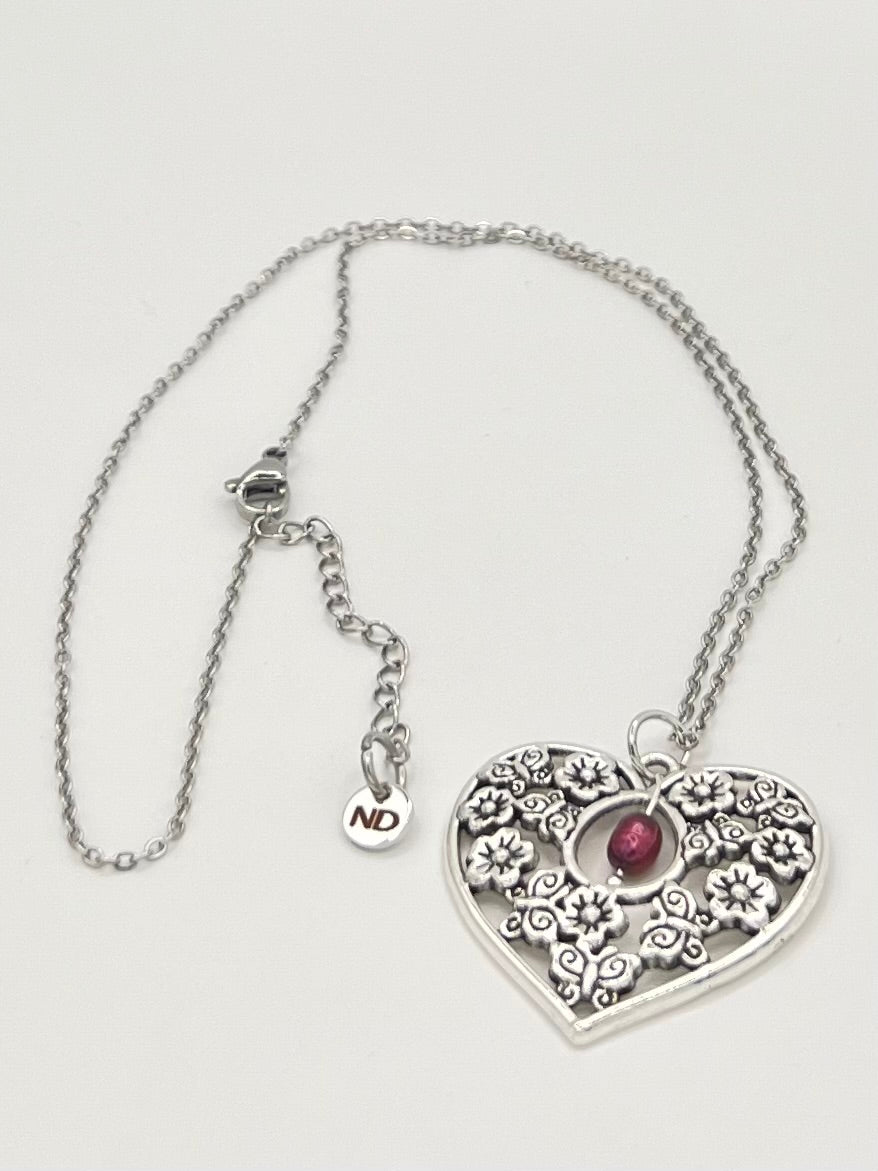 Floral Heart Pendant Necklace with Burgundy Freshwater Pearl