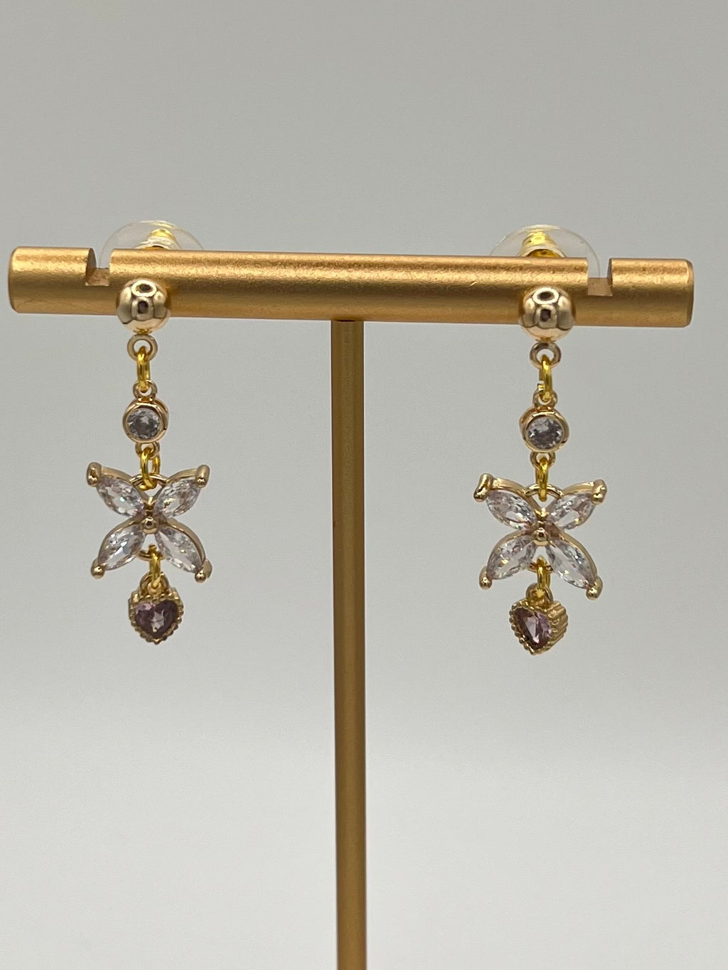 Gold Floral Crystal Dangle Earrings with Pink Heart Accent
